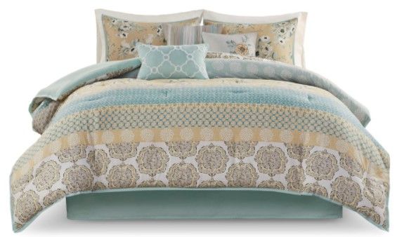 Olliix by Madison Park Willa 7 Piece Green King Cotton Printed Comforter Set-0