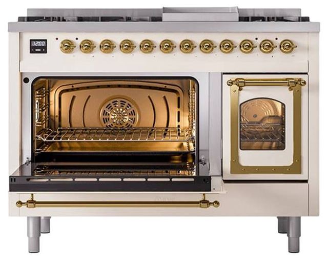 Ilve® Nostalgie II Noblesse 48'' Antique White Pro Style Dual Fuel Range with Brass Trim-3