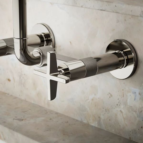 KOHLER® Billet® Vibrant Polished Nickel 12" 2-Hole Wall-Mount Bridge Kitchen Sink Faucet with Cross Handles-3