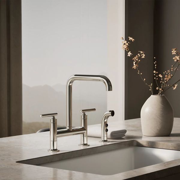 KOHLER® Purist® Vibrant Polished Nickel 2-Hole Bridge Kitchen Sink Faucet with Side Sprayer-1