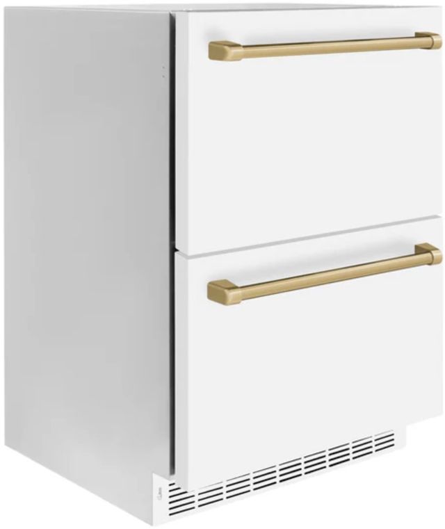 ZLINE Autograph Edition 24" Touchstone 168 Can Outdoor-Rated Dual Refrigerator Drawer with Matte White Doors and Polished Gold Handles-1