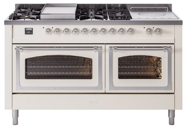Ilve® Nostalgie II Noblesse 60'' Antique White Pro Style Dual Fuel Range with Chrome Trim-0