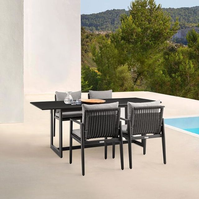 Armen Living Cayman 2-Piece Black/Gray Fabric/Metal/Rattan Outdoor Dining Arm Chair Set-2