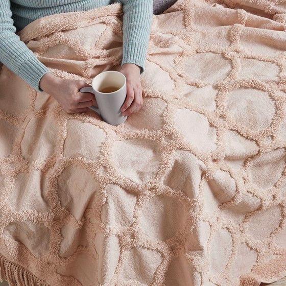 Olliix by Madison Park Brianne Blush 100% Cotton Tufted Chenille Lightweight Throw With Fringe Tassel-3