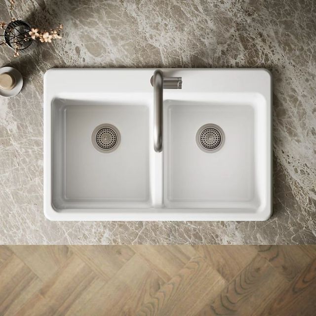 KOHLER® Riverby® White 33" 1-Faucet Hole Top-Mount Double Equal-Bowl Workstation Kitchen Sink-2