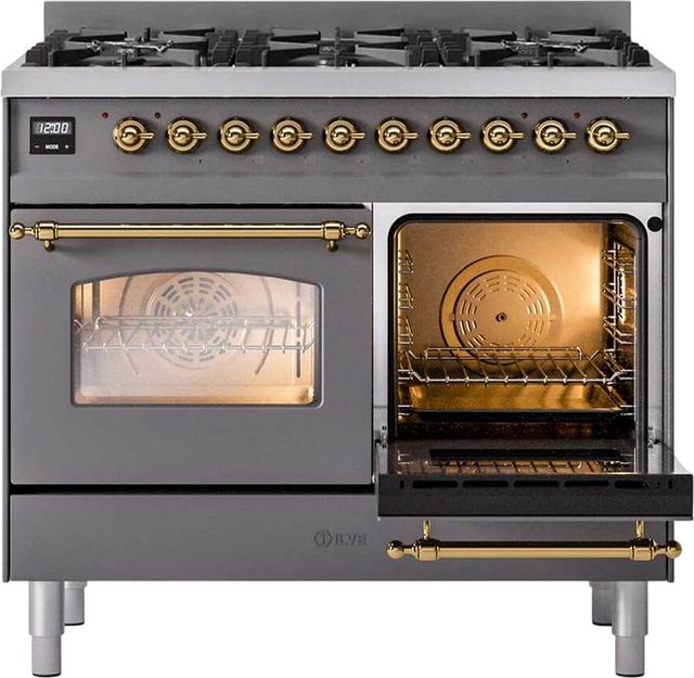 Ilve® Nostalgie II 40" Graphite Matte Pro Style Dual Fuel Range with Brass Trim-3