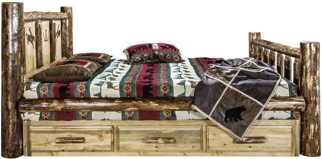 Montana Woodworks® Glacier Country Stain & Clear Lacquer California King Storage Bed with Laser Engraved Bronc Design-2