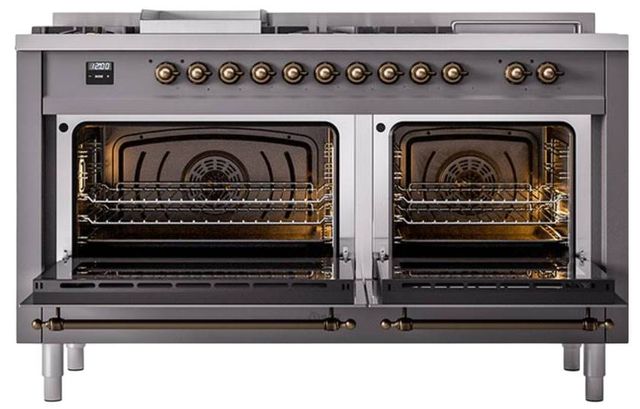 Ilve® Nostalgie II Noblesse 60'' Graphite Matte Pro Style Dual Fuel Range with Burnished Trim-1