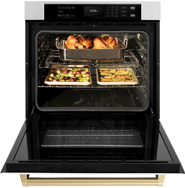 ZLINE Autograph Edition Professional 30" Satin Stainless Steel Single Electric Wall Oven with White Matte Door and Champagne Bronze Accents-1
