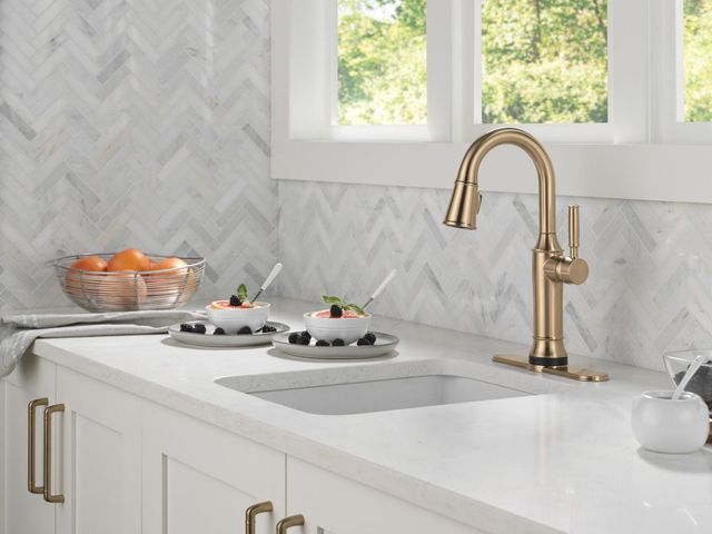 Delta Renaldi® Lumicoat® Champagne Bronze Touch2O® Technology  Bar/Prep Faucet with Touchless Technology-1