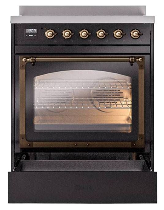 Ilve® Nostalgie II Noblesse 30'' Glossy Black Pro Style Induction Range with Burnished Trim-3