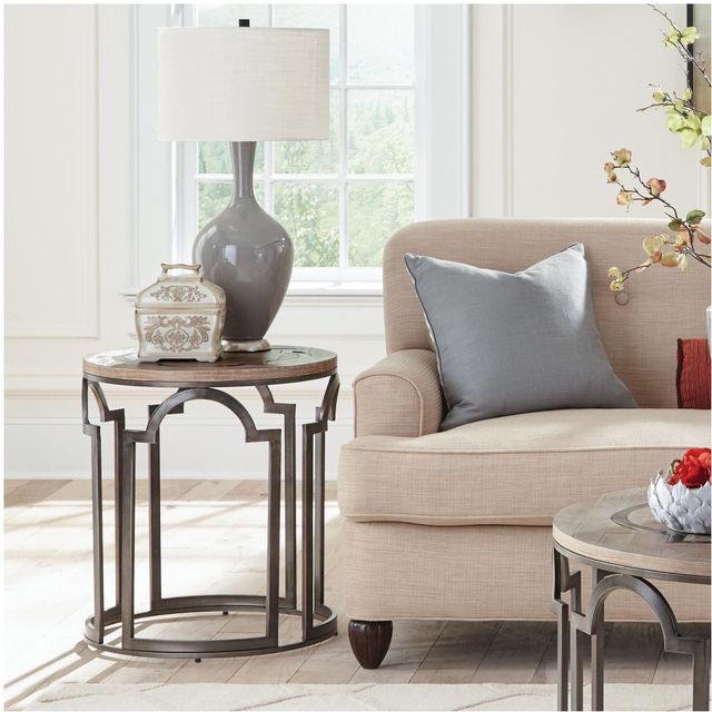 Riverside Furniture Estelle Washed Gray Round Side Table with Black Base-1
