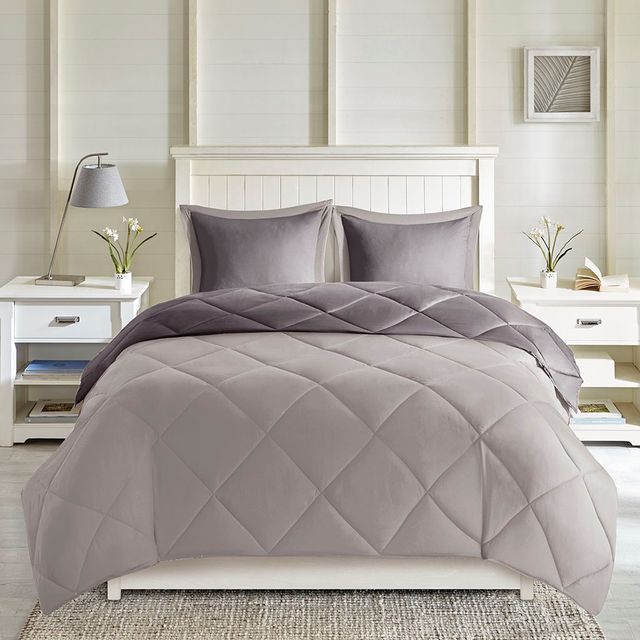 Olliix by Madison Park Essentials Larkspur Charcoal and Grey Full/Queen 3M Scotchgard Reversible Down Alternative Comforter Set-1