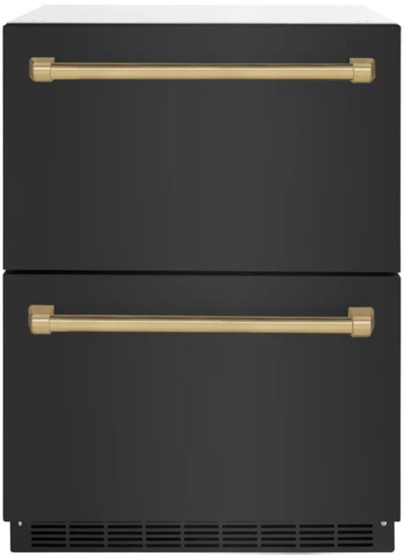 ZLINE Autograph Edition 24" Touchstone 168 Can Outdoor-Rated Dual Refrigerator Drawer with Black Stainless Steel Doors and Polished Gold Handles-0