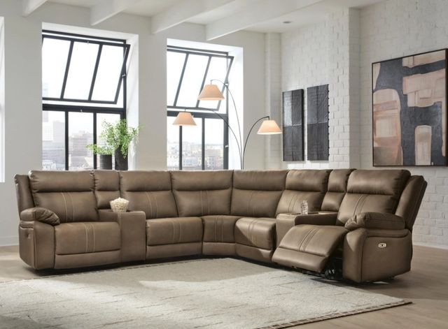Signature Design by Ashley® Max-Momentum 7-Piece Biscotti Zero Gravity Power Reclining L-Shape Sectional with Audio Consoles-1