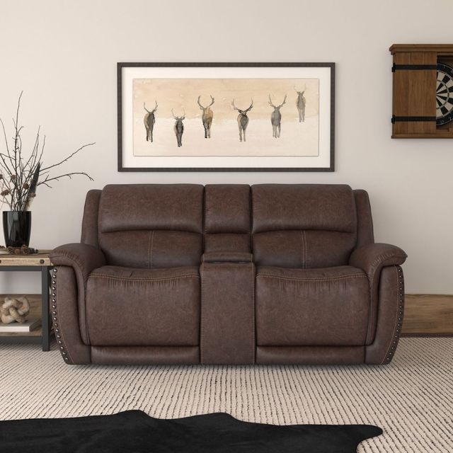 Flexsteel® Beau Dark Sable Brown Power Reclining Loveseat with Console and Power Headrests-1