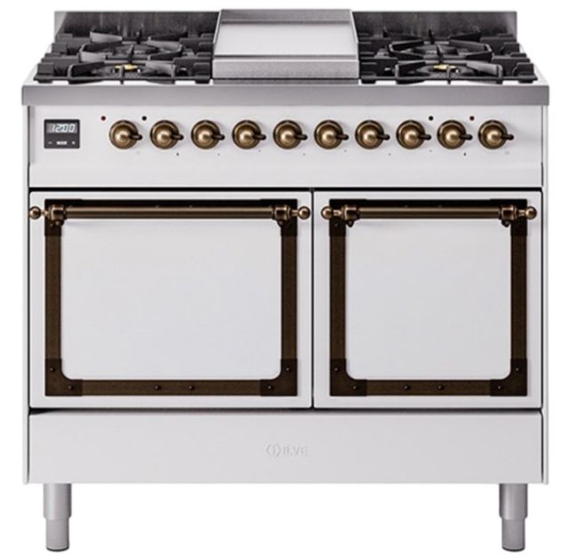 Ilve® Nostalgie II Noblesse 40'' White Pro Style Dual Fuel Range with Burnished Trim-0