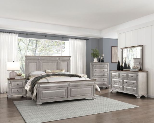 front view of a modern bedroom with a grey Homelegance bedroom set 