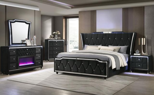 Coaster® Lorient 5-Piece Black Queen Bedroom Set with Flame Box Dresser-1
