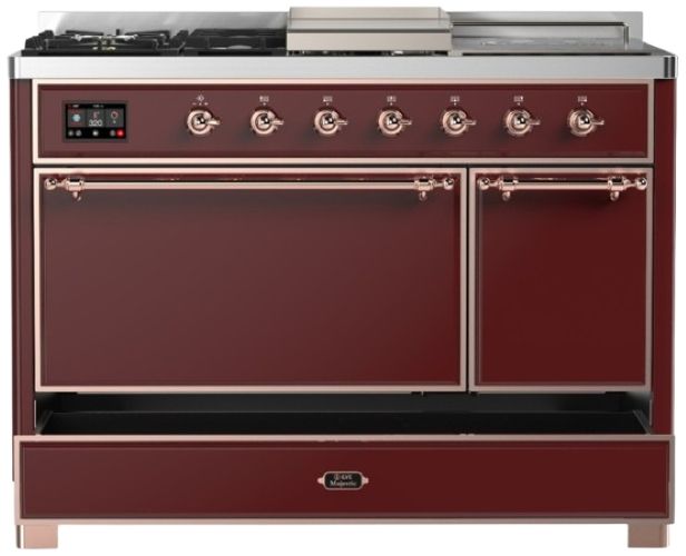 Ilve® Majestic III 48" Burgundy Pro Style Dual Fuel Natural Gas Range with French Top and Copper Trim-2