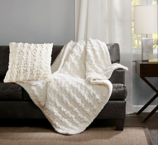 Olliix by Madison Park Ruched Fur Ivory 50"x60" Throw-1