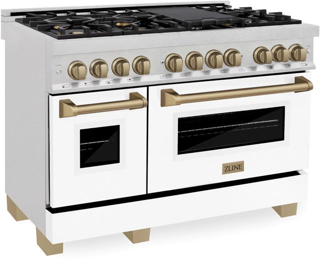 ZLINE Legacy Autograph Edition 48" Satin Stainless Steel Pro-Style Dual Fuel Range with White Matte Door and Champagne Bronze Accents-0