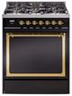 Ilve® Nostalgie II Noblesse 30'' Glossy Black Pro Style Dual Fuel Range with Brass Trim-0