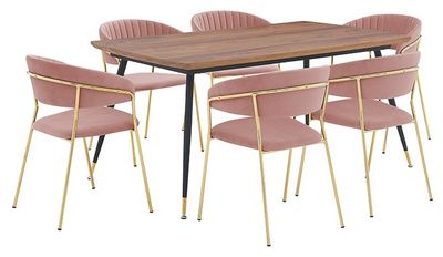 front view of the Armen Living Messina and Nara 7-Piece Pink/Walnut Dining Set