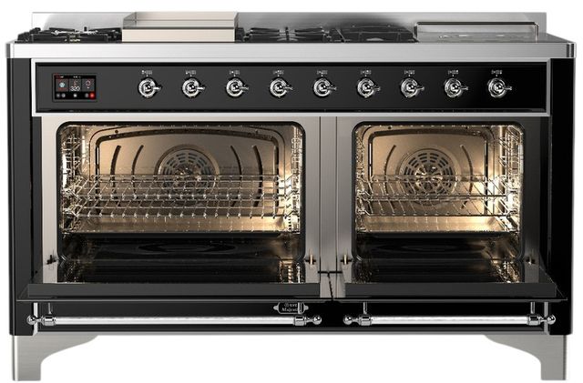 Ilve® Majestic III 60" Glossy Black Pro Style Dual Fuel Natural Gas Range with Griddle and Chrome Trim-1