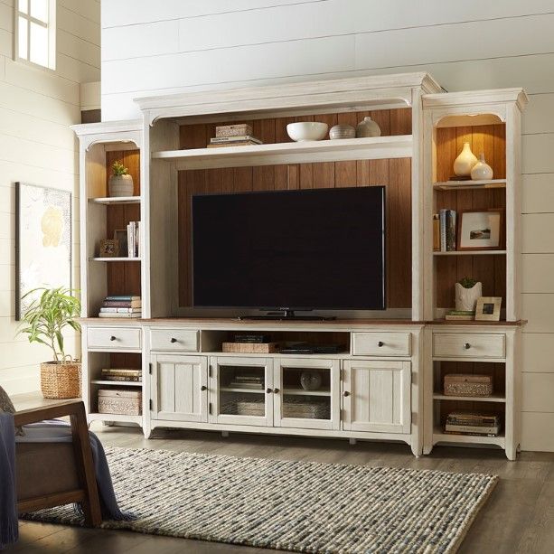Liberty Furniture Farmhouse Reimagined Antique White/Chestnut Entertainment Center with Piers-1
