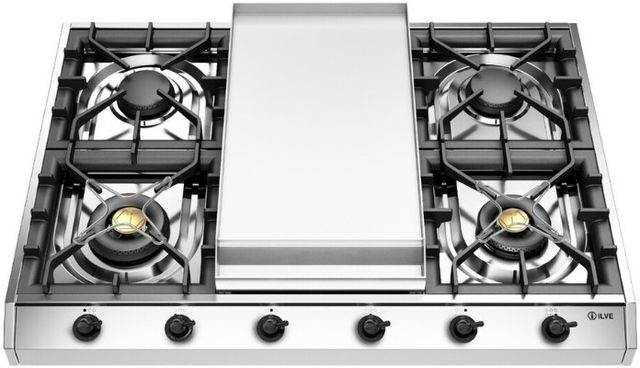Ilve Nostalgie II 36” Stainless Steel Gas Cooktop with 6 Burners, Griddle and Burnished Trim-1