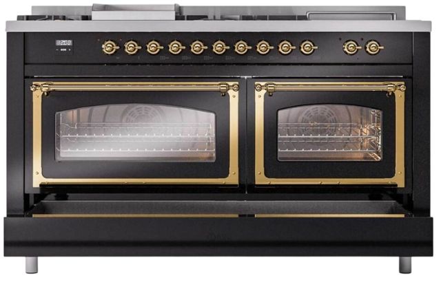 Ilve® Nostalgie II Noblesse 60'' Glossy Black Pro Style Dual Fuel Range with Brass Trim-3