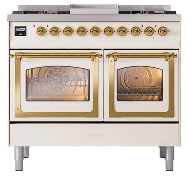 Ilve® Nostalgie II Noblesse 40'' Antique White Pro Style Dual Fuel Range with Brass Trim-1