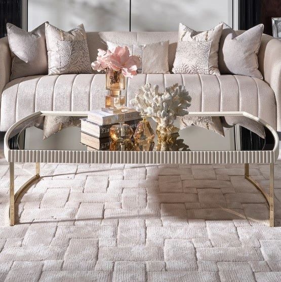 Michael Amini® Lisbon Mirrored Silken Matte Cream Cocktail Table with Gold Base-1