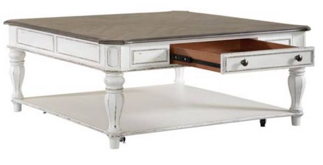 Liberty Furniture Magnolia Manor Antique White Oversized Square Cocktail Table with Weathered Bark Top-2