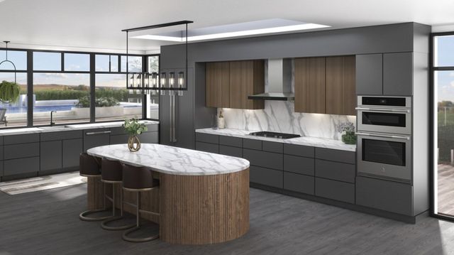 front view of a modern kitchen with a JennAir double wall oven