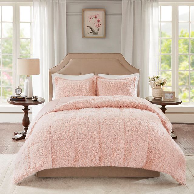 Olliix by Madison Park Nova Blush King Faux Mohair Reverse Faux Mink Comforter Set-0