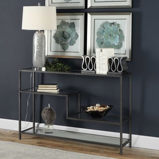 Uttermost® Leo Glass Top Console Table with Aged Gunmetal Frame-2