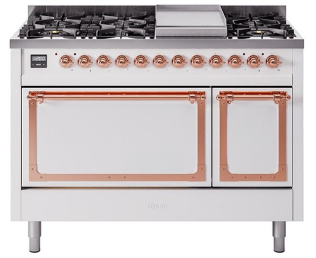 Ilve® Nostalgie II Noblesse 48'' White Pro Style Dual Fuel Range with Copper Trim-0