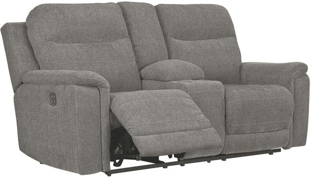 Signature Design by Ashley® Mouttrie Smoke Power Reclining Loveseat with Adjustable Headrest-0