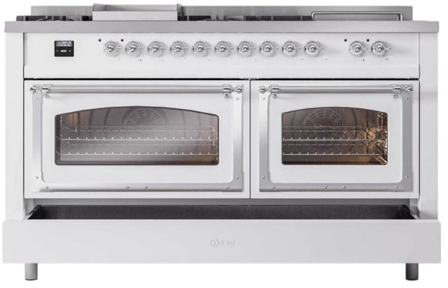 Ilve® Nostalgie II Noblesse 60'' White Pro Style Dual Fuel Range with Chrome Trim-3
