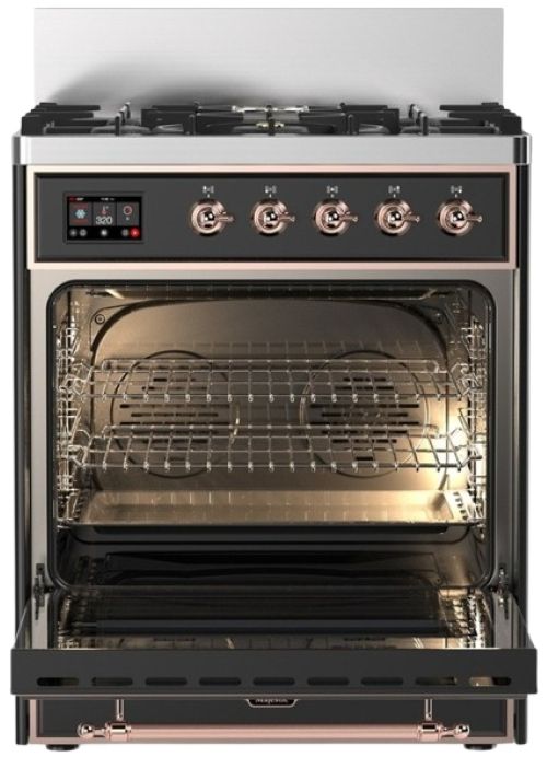 Ilve® Majestic III 30" Graphite Matte Pro Style Dual Fuel Range with 5 Black Brass Burners and Copper Trim-1