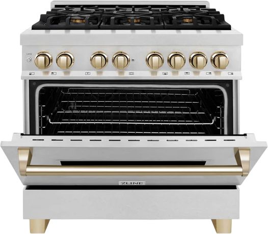 ZLINE Autograph Edition Legacy 36" Satin Stainless Steel Pro-Style Dual Fuel Range with Electric Convection Oven and Polished Gold Accents-2