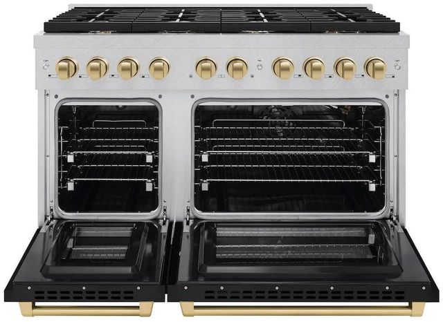 ZLINE Autograph Edition Paramount 48" Satin Stainless Steel Pro Style Gas Range with Black Matte Door and Champagne Bronze Accents-1