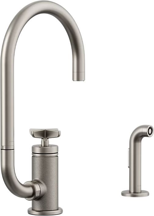 KOHLER® Billet® Vibrant Stainless 16" Single Cross-Handle Bar Sink Faucet with 2-Function Extended-Reach Spout and Side Sprayer-0