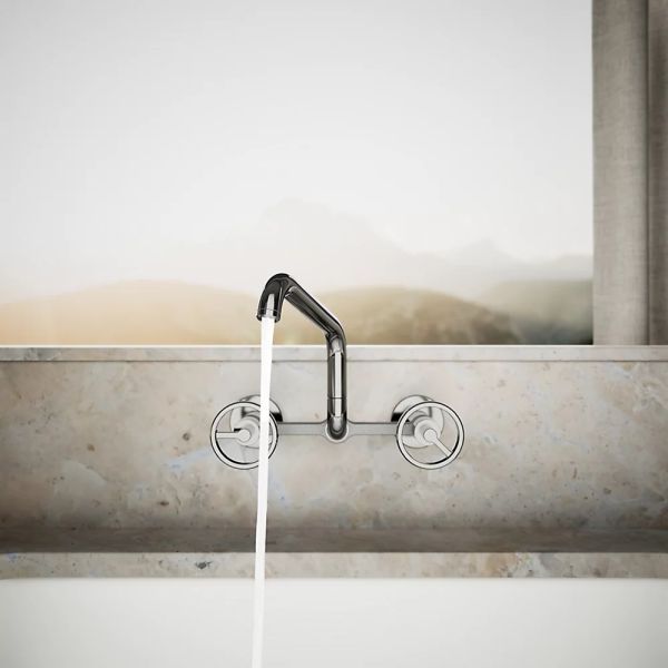 KOHLER® Billet® Vibrant Titanium 2-Hole Wall-Mount Bridge Kitchen Sink Faucet with Round Handles-2