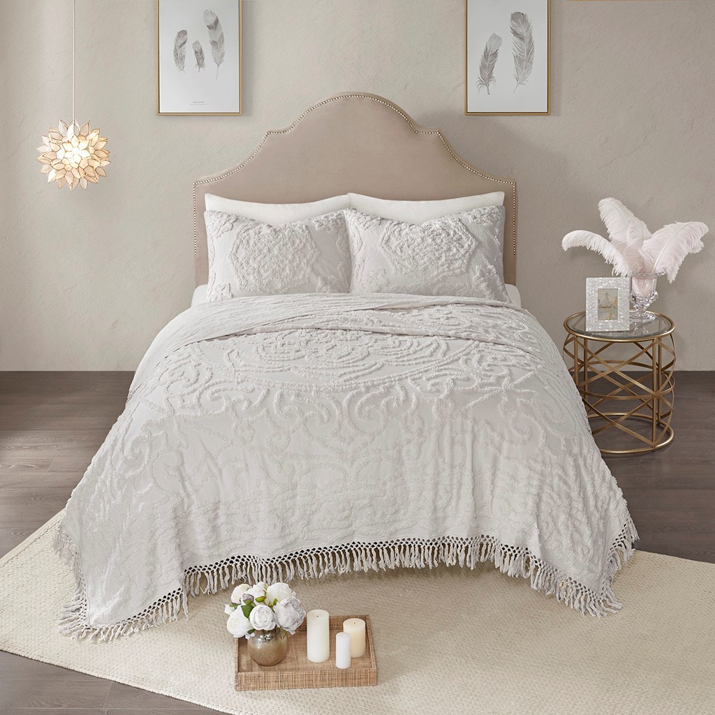 Olliix by Madison Park Grey King/California King Laetitia Tufted Cotton Chenille Medallion Fringe Coverlet Set