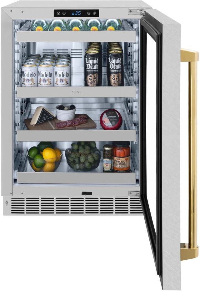 ZLINE Autograph Edition Touchstone 24" 5.2 Cu. Ft. Satin Stainless Steel Beverage Center with Glass Door and Polished Gold Handle-2