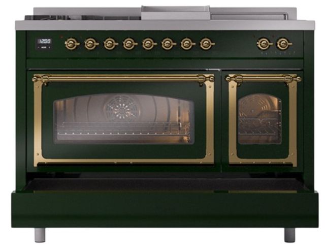 Ilve® Nostalgie II Noblesse 48'' Emerald Green Pro Style Dual Fuel Range with Brass Trim-3