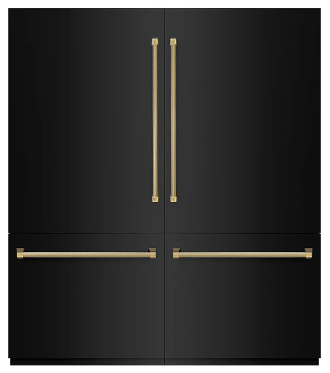 ZLINE Autograph Edition 72 in. 39.6 cu. ft. French Door Built-In Bottom Freezer Refrigerator with Water Dispensers and Ice Makers in Black Stainless Steel with Graphite Gray Interior and Polished Gold Helix Handles (GRBITZ-BS-72-KG)